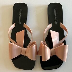JEFFREY CAMPBELL Jelly Flip Flops Blush Black Shiny Sugary Bow Size 6